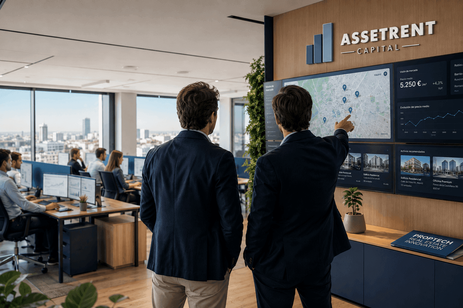 El equipo de AssetRent Capital planificando una estrategia de inversión frente al panel de datos en su oficina