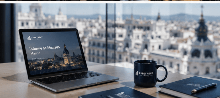 Informe de mercado de Madrid de AssetRent Capital en un portátil sobre la mesa