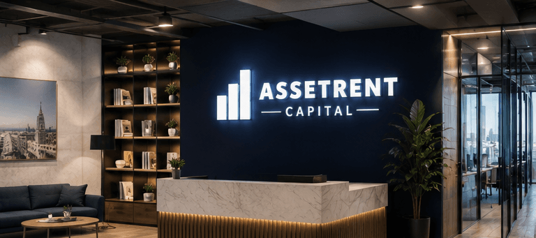 Recepción de las oficinas de AssetRent Capital con el logotipo retroiluminado