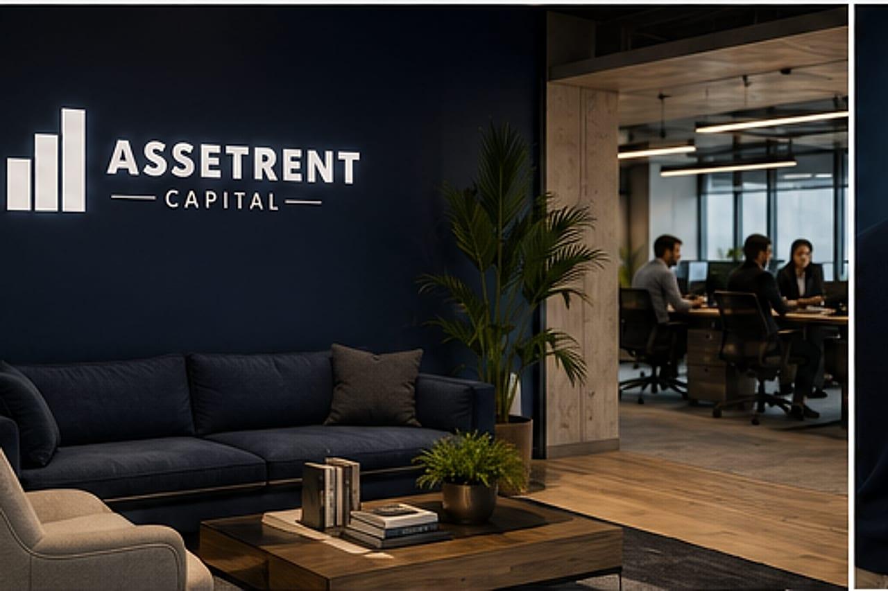 Zona lounge de AssetRent Capital con el logotipo en la pared
